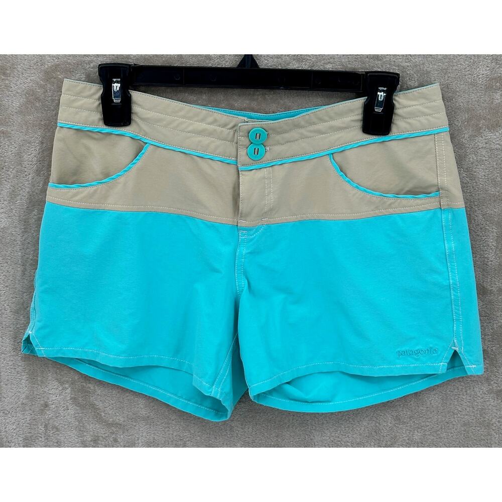Patagonia Shorts Womens 4‎ Blue Tan Color Block Stretch Wavefarer Board Swim